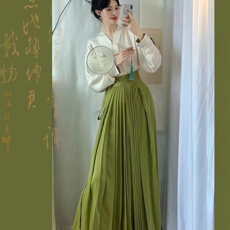 Ženski Hanfu set – kineskog stila, svakodnevna moderna odjeća, elegantna zelena plisirana suknja, jesen