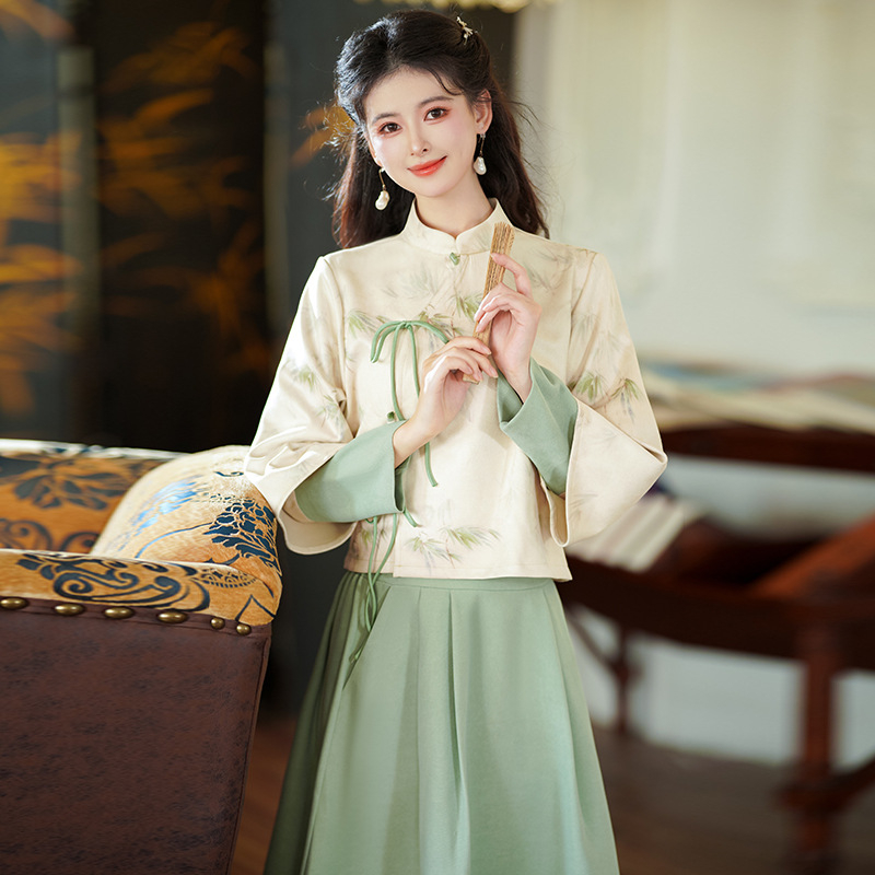 Novi Hanfu set kineskog stila: top s dugim rukavima, nagnutim prednjim otvorom i stojećim ovratnikom, vezicama, otisak, uz suknju