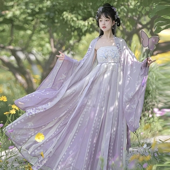 Hanfu set za žene s ljubičastom glicinijom i vyšivanjem, svakodnevni Tang stil, Hezi suknja i široki rukavi, drevni kostim