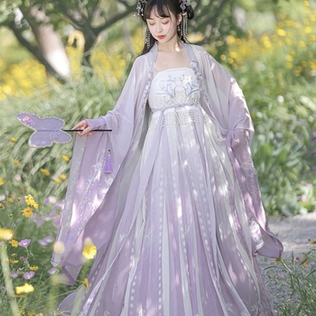 Hanfu set za žene s ljubičastom glicinijom i vyšivanjem, svakodnevni Tang stil, Hezi suknja i široki rukavi, drevni kostim