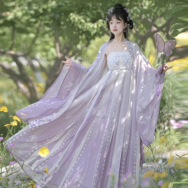 Hanfu set za žene s ljubičastom glicinijom i vyšivanjem, svakodnevni Tang stil, Hezi suknja i široki rukavi, drevni kostim