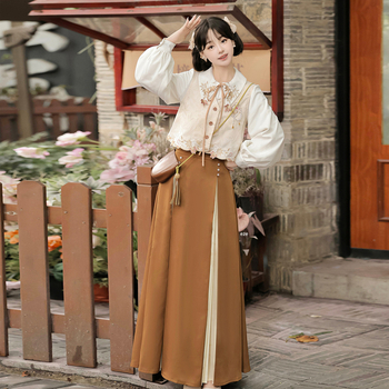 Ženski Hanfu set: prsluk, košulja i suknja s vezenjem, Ming stil
