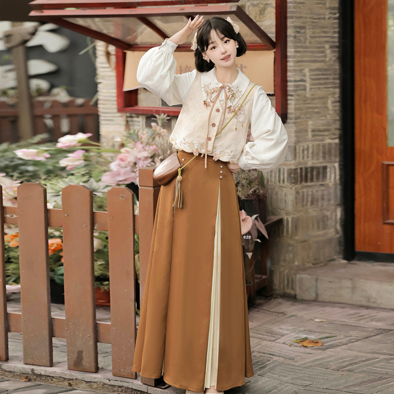 Ženski Hanfu set: prsluk, košulja i suknja s vezenjem, Ming stil