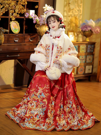 Ženski Hanfu u stilu Ming dinastije, zimska Mamian suknja s flis podstavom i debelim materijalom, geometrijskim vezom, tradicionalni kostim