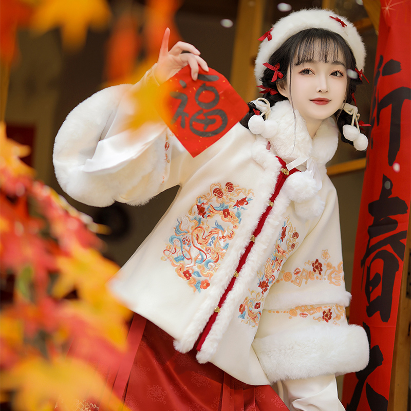 Ženski Hanfu u stilu Ming dinastije, zimska Mamian suknja s flis podstavom i debelim materijalom, geometrijskim vezom, tradicionalni kostim