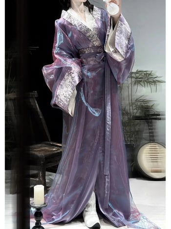 Purpurna Hanfu za žene, dvodijelni top i suknja, ravni rub, dugi rukavi, drevni stil