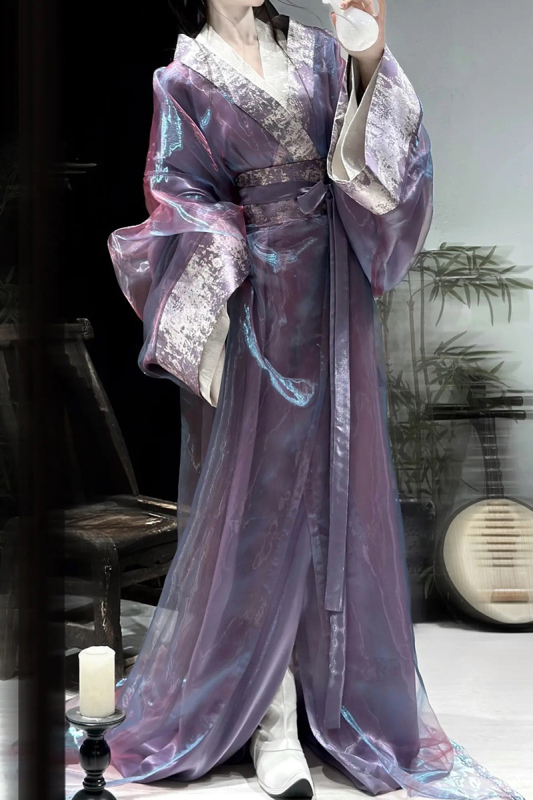 Purpurna Hanfu za žene, dvodijelni top i suknja, ravni rub, dugi rukavi, drevni stil