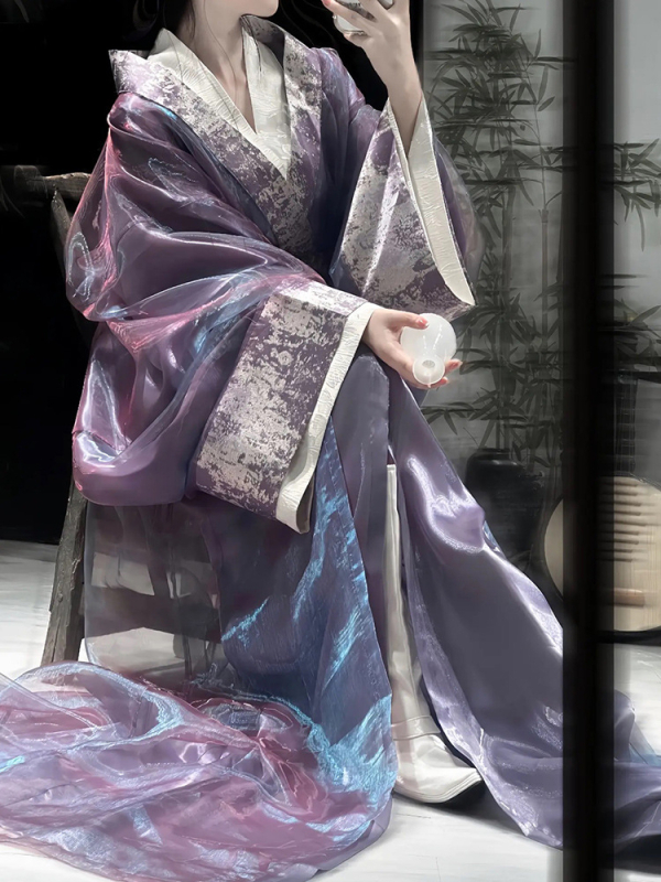 Purpurna Hanfu za žene, dvodijelni top i suknja, ravni rub, dugi rukavi, drevni stil