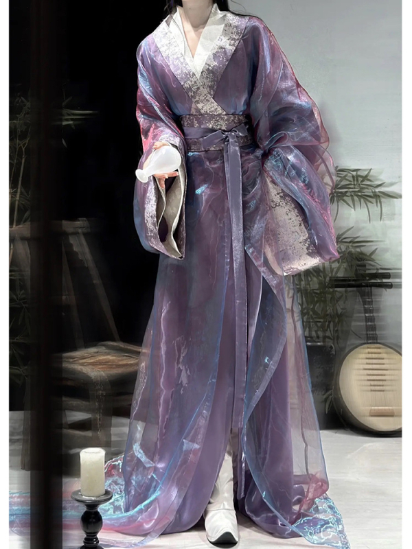 Purpurna Hanfu za žene, dvodijelni top i suknja, ravni rub, dugi rukavi, drevni stil