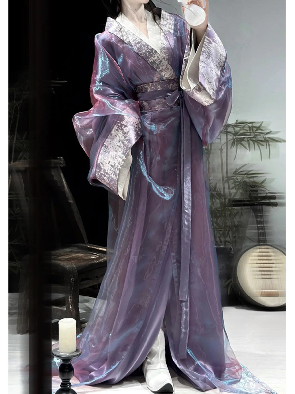 Purpurna Hanfu za žene, dvodijelni top i suknja, ravni rub, dugi rukavi, drevni stil