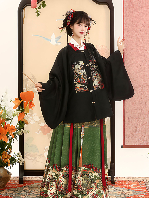 Zhi Yutang izvorni Ming stil Hanfu, Godina Konja, Kvadratni ovratnik, patchwork vezenje, jesensko-zimski komplet s Horse-Face suknjom