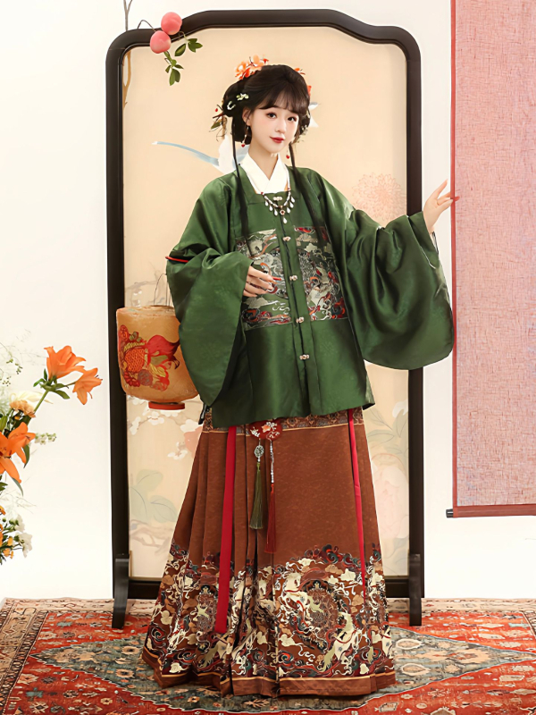 Zhi Yutang izvorni Ming stil Hanfu, Godina Konja, Kvadratni ovratnik, patchwork vezenje, jesensko-zimski komplet s Horse-Face suknjom
