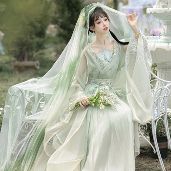Luozhu Original Hanfu za žene, izvezen preklopni ovratnik, široki rukavi, suknja do struka, proljetno–ljetni komplet, nadahnut dinastijama Wei, Jin te sjeverno i južno dinastije