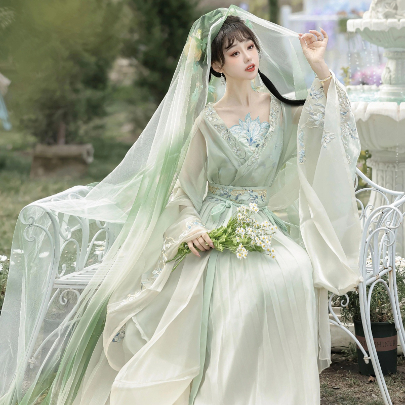 Luozhu Original Hanfu za žene, izvezen preklopni ovratnik, široki rukavi, suknja do struka, proljetno–ljetni komplet, nadahnut dinastijama Wei, Jin te sjeverno i južno dinastije