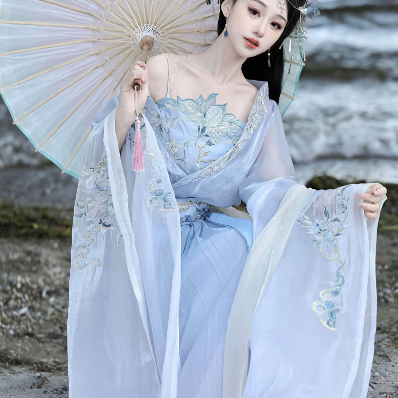 Luozhu Original Hanfu za žene, izvezen preklopni ovratnik, široki rukavi, suknja do struka, proljetno–ljetni komplet, nadahnut dinastijama Wei, Jin te sjeverno i južno dinastije