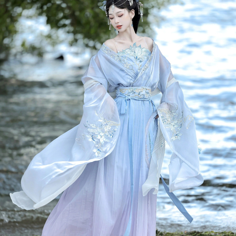 Luozhu Original Hanfu za žene, izvezen preklopni ovratnik, široki rukavi, suknja do struka, proljetno–ljetni komplet, nadahnut dinastijama Wei, Jin te sjeverno i južno dinastije