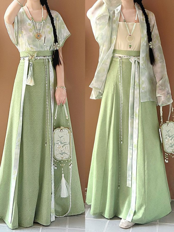 Ženski Hanfu, ljeto 2025, nadahnut dinastijom Song, Tang stil kratkih rukava, set s geometrijskim uzorkom i suknjom