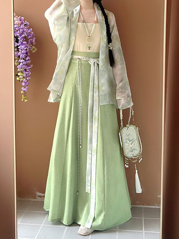 Ženski Hanfu, ljeto 2025, nadahnut dinastijom Song, Tang stil kratkih rukava, set s geometrijskim uzorkom i suknjom