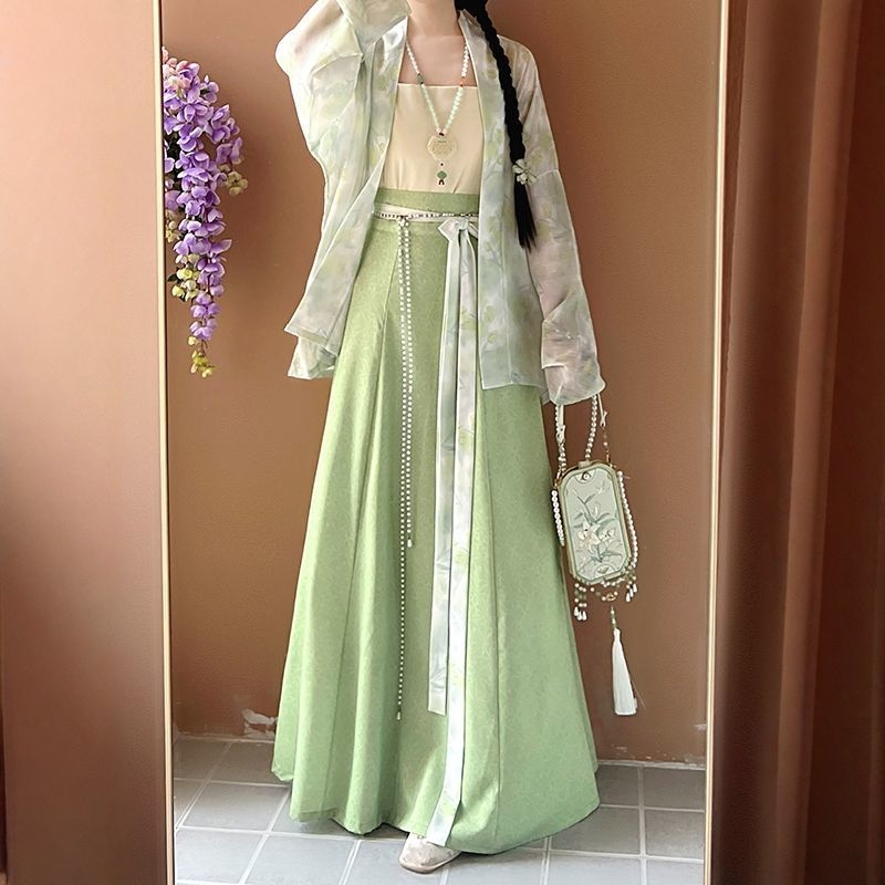 Ženski Hanfu, ljeto 2025, nadahnut dinastijom Song, Tang stil kratkih rukava, set s geometrijskim uzorkom i suknjom