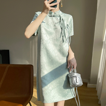 Új kínai stílusú retro ruha nőknek, szatén jacquard anyagból, elegáns, sokoldalú, hétköznapi, egyszerű, hosszú ruha