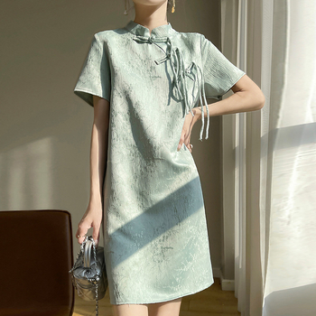 Új kínai stílusú retro ruha nőknek, szatén jacquard anyagból, elegáns, sokoldalú, hétköznapi, egyszerű, hosszú ruha