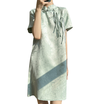 Új kínai stílusú retro ruha nőknek, szatén jacquard anyagból, elegáns, sokoldalú, hétköznapi, egyszerű, hosszú ruha