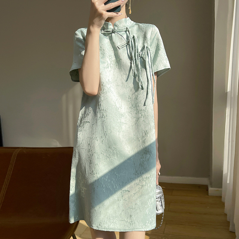 Új kínai stílusú retro ruha nőknek, szatén jacquard anyagból, elegáns, sokoldalú, hétköznapi, egyszerű, hosszú ruha
