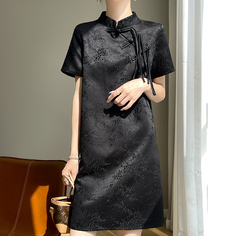 Új kínai stílusú retro ruha nőknek, szatén jacquard anyagból, elegáns, sokoldalú, hétköznapi, egyszerű, hosszú ruha