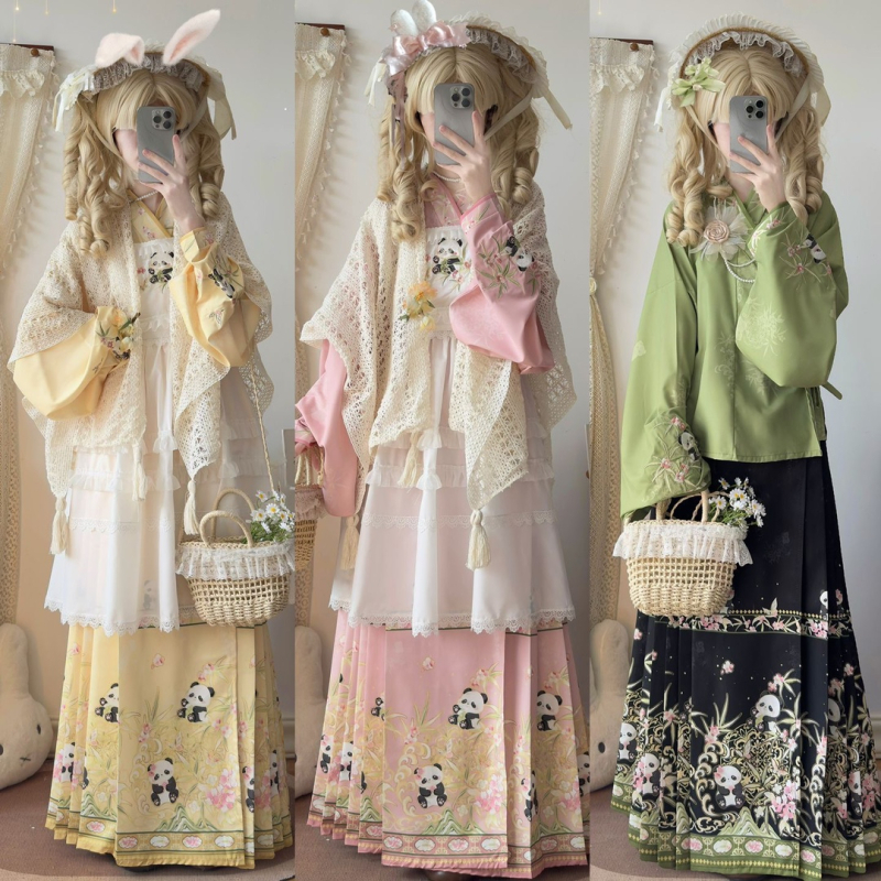 Hanfu set za odrasle žene s kinesko-zapadnom fuzijom, Ming stil panda vez, rukavi u stilu pipa, Lolita proljetni set za fotografiranje