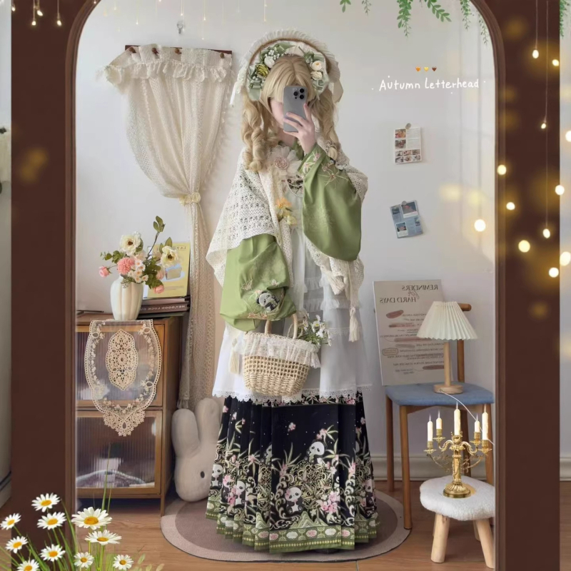 Hanfu set za odrasle žene s kinesko-zapadnom fuzijom, Ming stil panda vez, rukavi u stilu pipa, Lolita proljetni set za fotografiranje