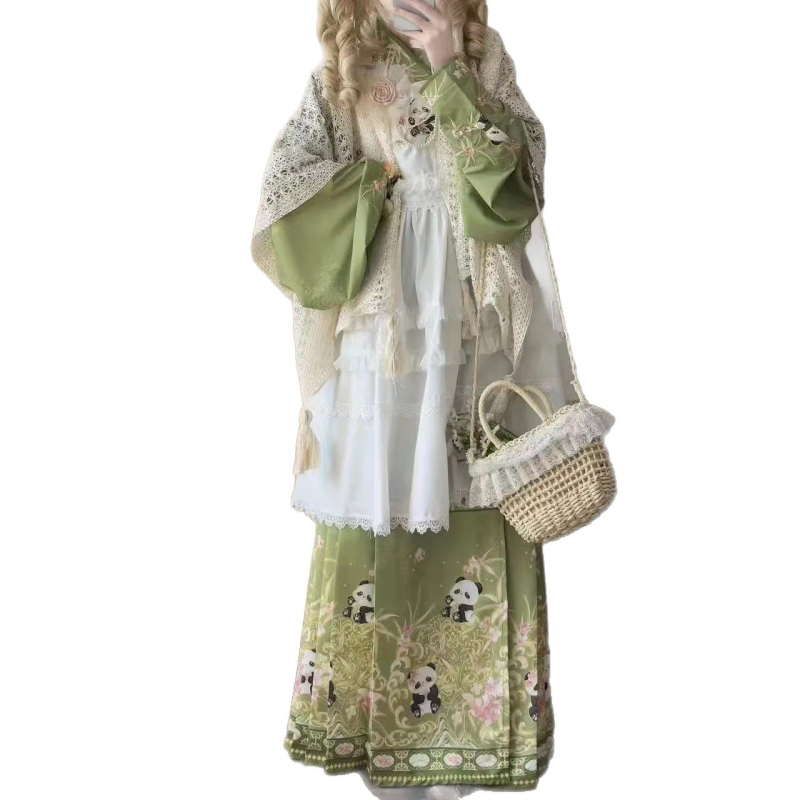 Hanfu set za odrasle žene s kinesko-zapadnom fuzijom, Ming stil panda vez, rukavi u stilu pipa, Lolita proljetni set za fotografiranje