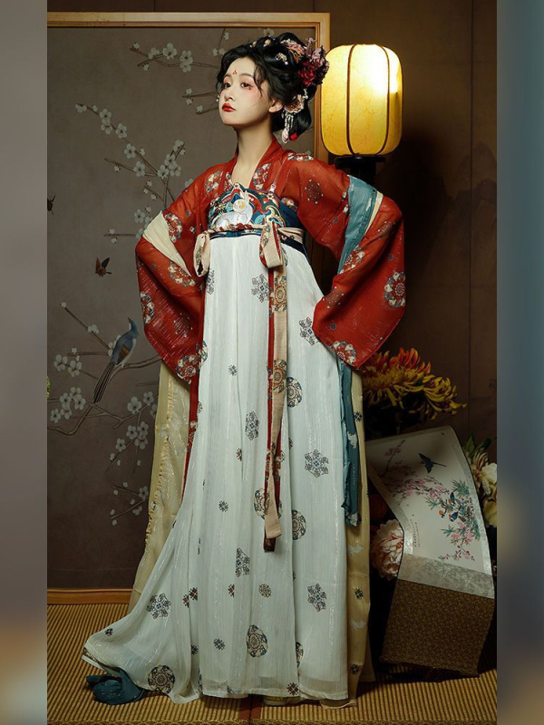 Hanfu dinastije Tang za žene – odrasla ruqun s motivom zlatnog večernjeg banketa, proljetni stil, šifon