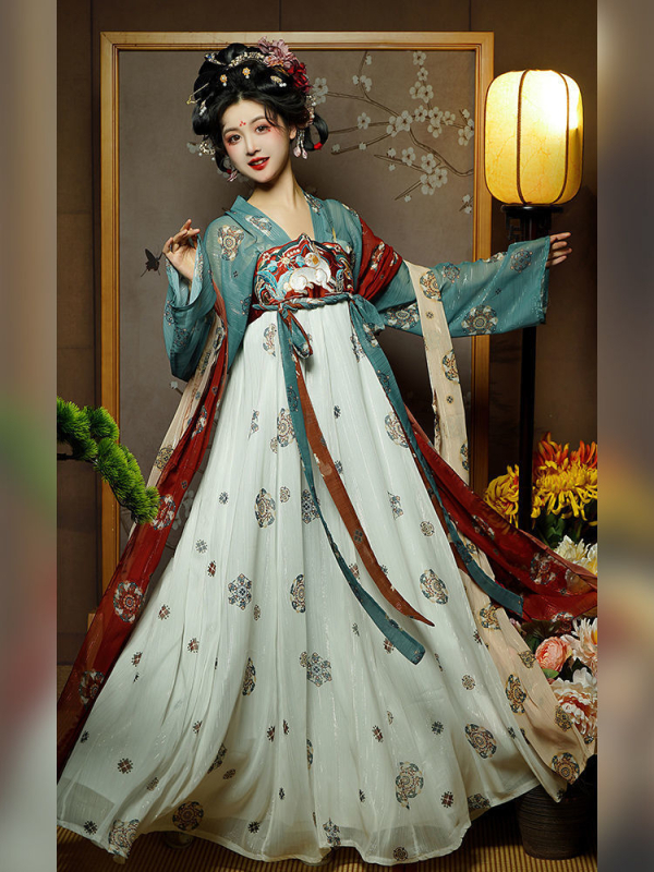 Hanfu dinastije Tang za žene – odrasla ruqun s motivom zlatnog večernjeg banketa, proljetni stil, šifon