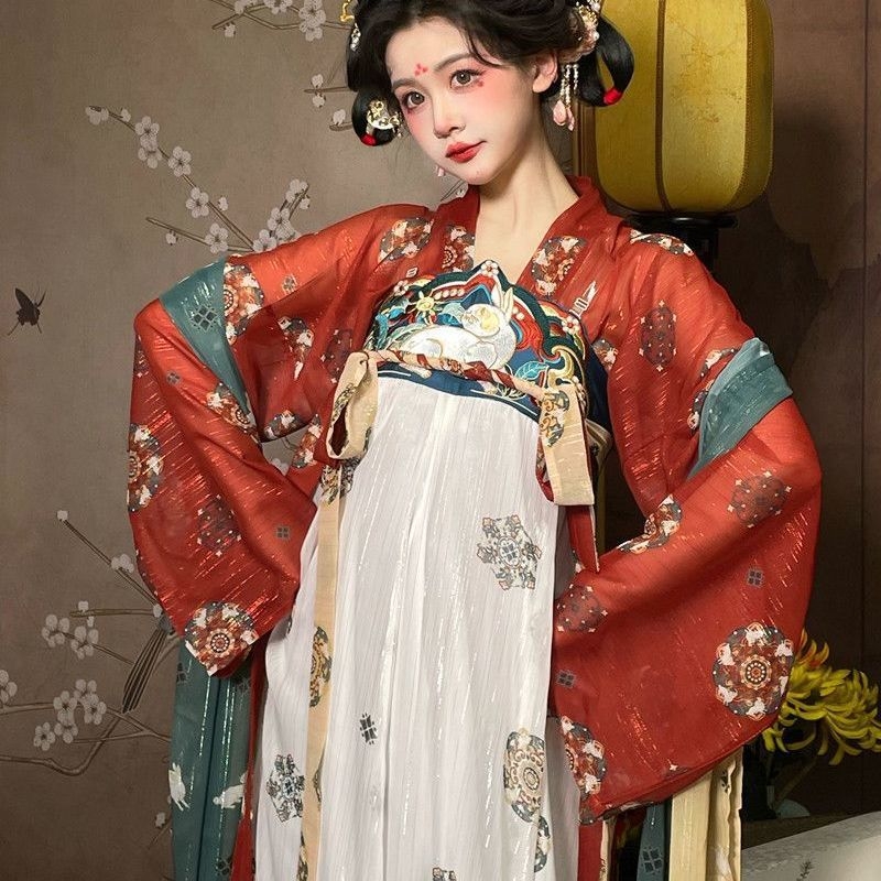 Hanfu dinastije Tang za žene – odrasla ruqun s motivom zlatnog večernjeg banketa, proljetni stil, šifon