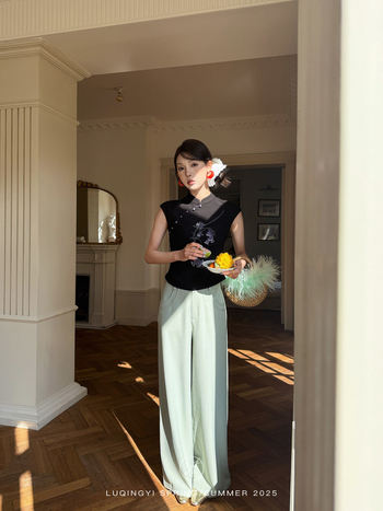 Lu Qingyi Original [Peilan] Cheongsam haljina za žene – proljeće/ljeto, otisak s vezom, trodijelni set