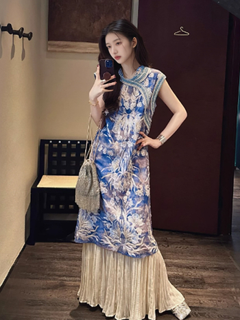 Kínai stílusú hímzett patchwork maxi ruha nőknek, ujj nélküli, kerek nyak