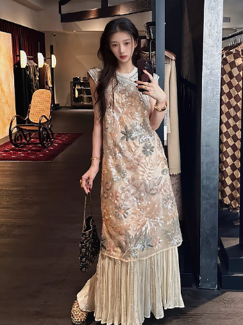Kínai stílusú hímzett patchwork maxi ruha nőknek, ujj nélküli, kerek nyak