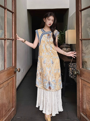 Kínai stílusú hímzett patchwork maxi ruha nőknek, ujj nélküli, kerek nyak