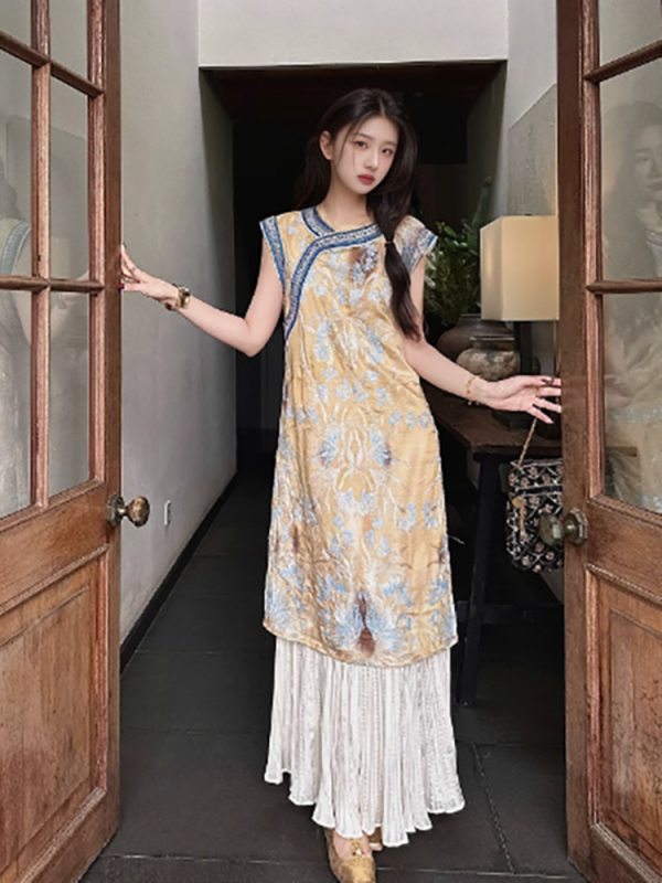 Kínai stílusú hímzett patchwork maxi ruha nőknek, ujj nélküli, kerek nyak