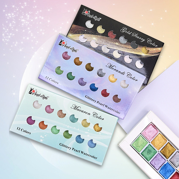 Perleće akvarelne boje u čvrstom pakiranju — metalne macarons boje za umjetnost i japanski nokti, 12 boja u kutiji