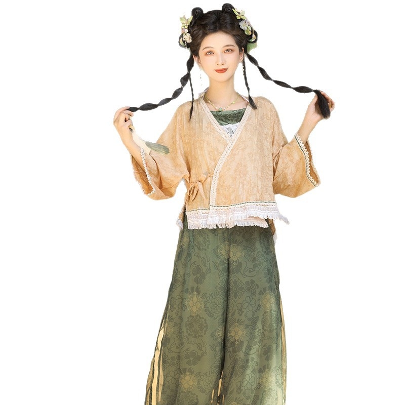 Ženski Hanfu set: tanak kardigan i hlače fenjera, kineski stil, svakodnevno nošenje, retro proljeće