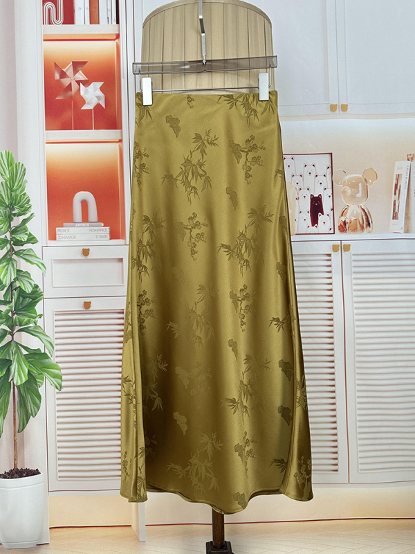 Vintage acetat satenski žakard s motivom oblaka bambusa, duga A-kroj suknje s fishtail krojem, visokim pojasom, elegantna