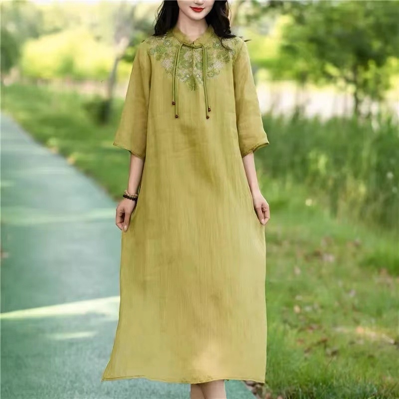Nova haljina u kineskom stilu od lana s vezom, ležernog kroja, duga retro haljina, elegantna i šik