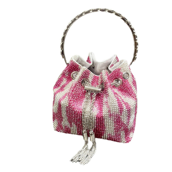 Ženska bucket torba s resicama i rhinestones, mala cilindrična torba za dnevnu upotrebu
