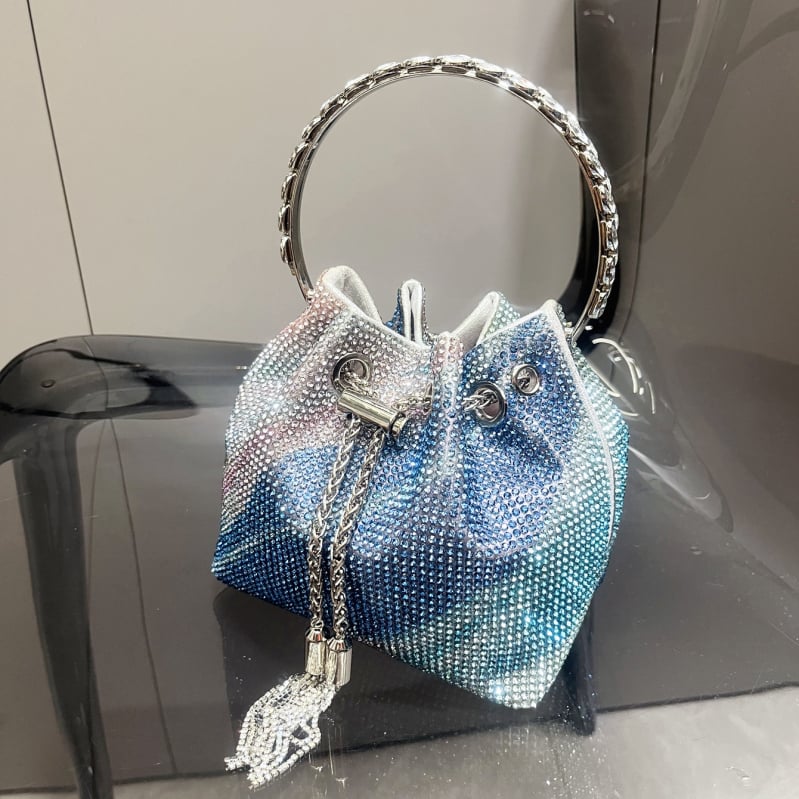 Ženska bucket torba s resicama i rhinestones, mala cilindrična torba za dnevnu upotrebu