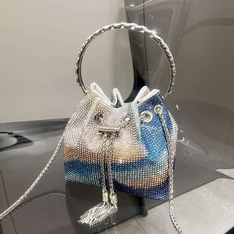 Ženska bucket torba s resicama i rhinestones, mala cilindrična torba za dnevnu upotrebu