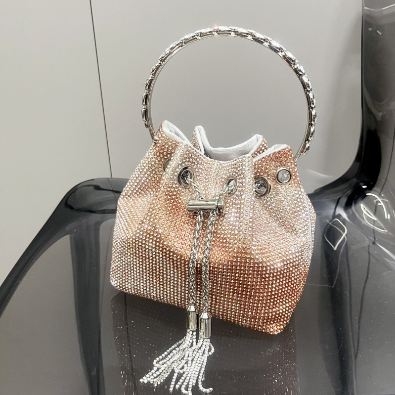 Ženska bucket torba s resicama i rhinestones, mala cilindrična torba za dnevnu upotrebu