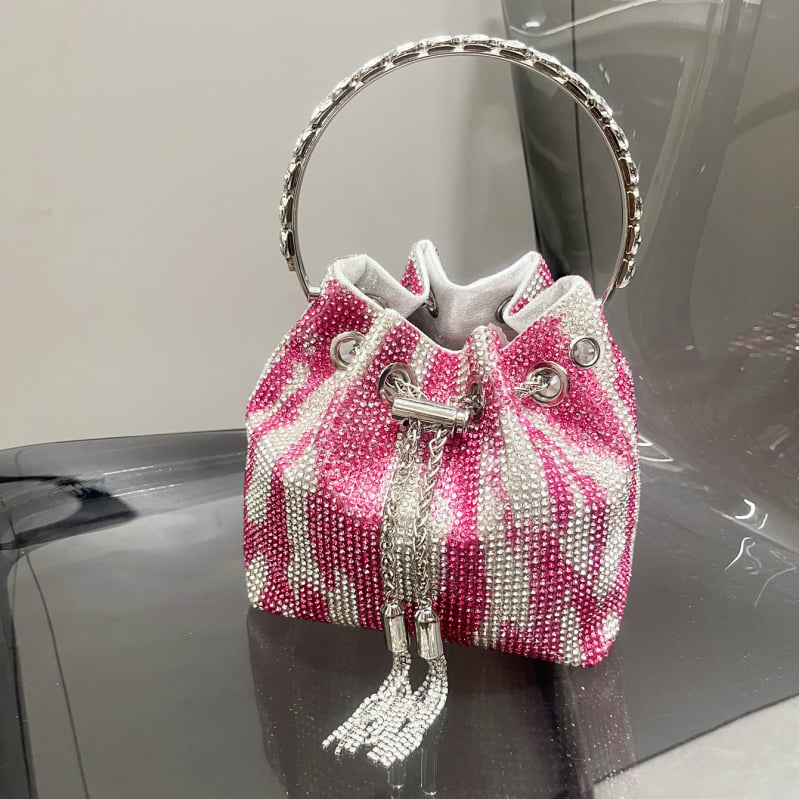 Ženska bucket torba s resicama i rhinestones, mala cilindrična torba za dnevnu upotrebu