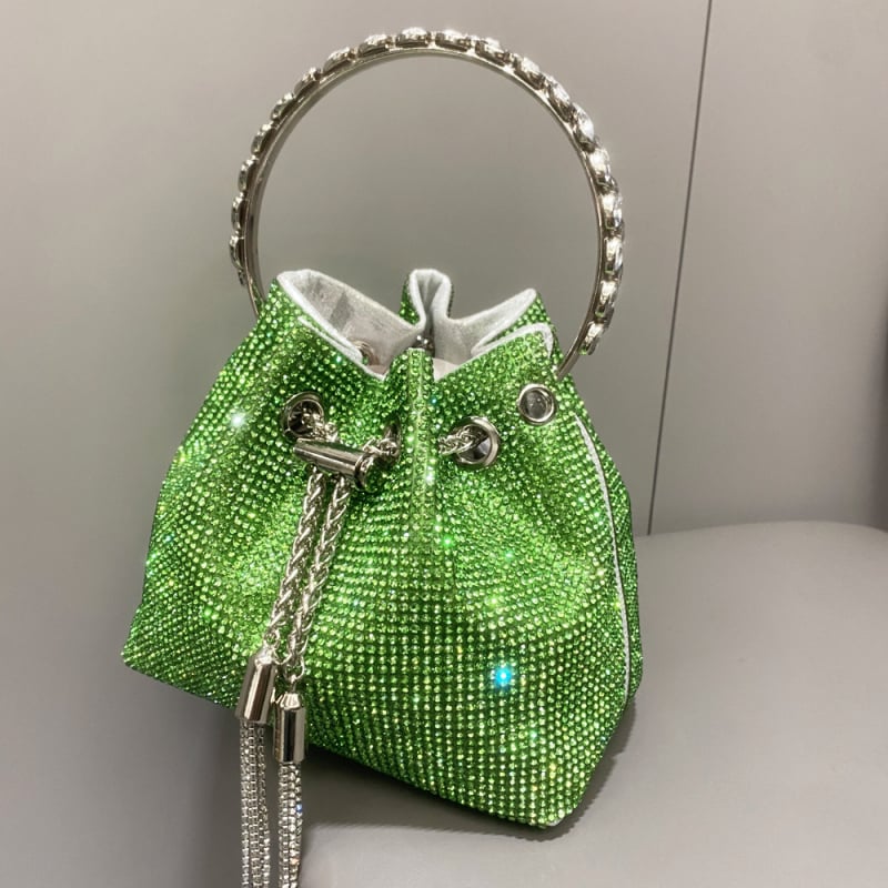 Ženska bucket torba s resicama i rhinestones, mala cilindrična torba za dnevnu upotrebu