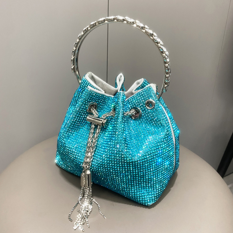 Ženska bucket torba s resicama i rhinestones, mala cilindrična torba za dnevnu upotrebu